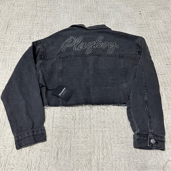 PLAYBOY Jackets & Blazers - Playboy Pacsun Rhinestone Bling Cropped Black Denim Jacket NWT Logo